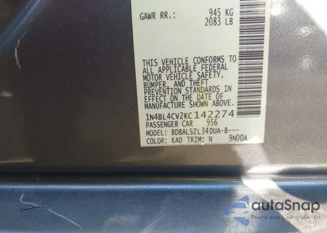 2019 Nissan Altima 2.5 Sr z USA, uszkodzony, nr VIN 1N4BL4CV2KC142274